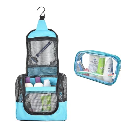 The Fine Living Co. Portable Hanging Shower Caddy Organizer Bag (Free Toiletries Case+Metal Hook) Quick Dry Mesh Shower Caddy Tote Bag Pouch For Bathroom College Dorm Camp Gym Camping 10”x4”x8”(Aqua)