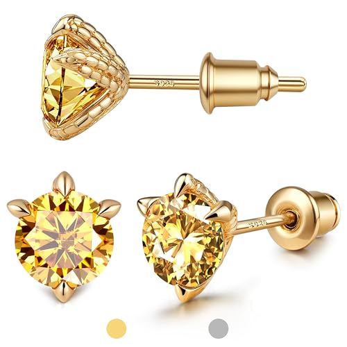 Moissanite Earrings Studs : 18K White Yellow Gold Plated 925 Sterling Silver Earrings Hypoallergenic Dragon Claw Stud for Women Men Yellow D Color VVS1 Clarity 2CT