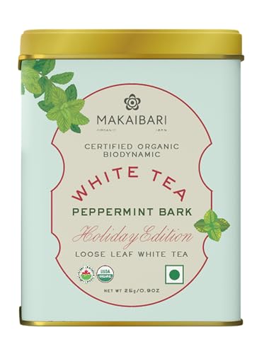 Image of Makaibari Holiday Edition : White Peppermint Bark | Premium White Tea | Anti-Oxidants, Immunity Booster, Low Caffeine | Supports Healthy Skin | Tin Caddy | 50g