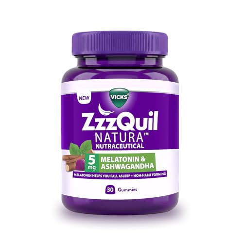 Image of Vicks ZzzQuil Natura Sleep Gummies (Pack of 30) 5mg Melatonin with 50mg Natural Ashwagandha, Helps You Fall Asleep, Non-Habit Forming, Strawberry Flavor, Pure Vegetarian, Sealed Jar