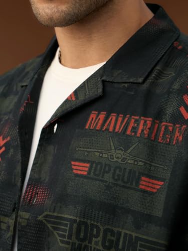 Image of The Souled Store Top Gun: Aviator Men and Boys Short Sleeve Cuban Collar Button Front Dark Green All Over Printed Cotton Oversized Fit Holiday Shirt