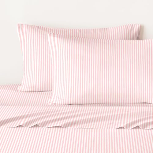 Image of Wake In Cloud - Striped Bed Sheets, 4-Piece Sheet Set, Ticking Vertical Pin Stripe Modern Farmhouse Pattern Printed Bedding, Deep Pocket, Pink White, Queen Size