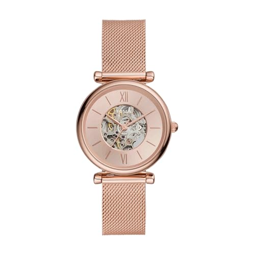 Fossil Carlie Reloj para mujer, movimiento automático con malla de acero inoxidable o correa de piel, Tono oro rosa, 35MM