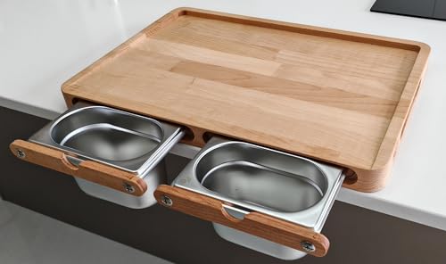 Tagliere da Cucina Professionale in Legno Naturale con Superficie Inclinata per la Raccolta di Liquidi e Contenitori Acciaio (Faggio, XL (47X32CM))