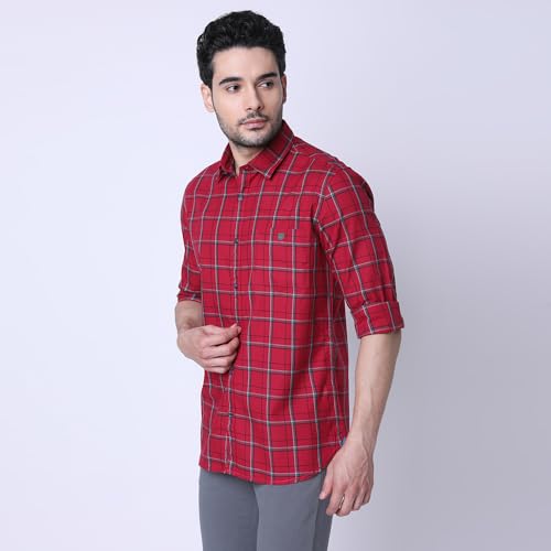 Image of J. HAMPSTEAD Cotton Slim Fit Checkered Casual Shirt for Men