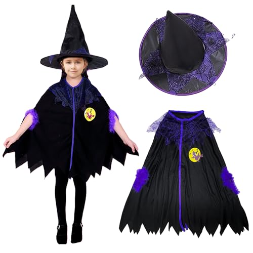 FUIPVGI 2 Pièces Costume de Sorcière Halloween pour Enfant Chapeau Sorciere,Déguisement Sorcier Enfant,Cape de Sorcière avec Ensemble de Chapeau,Pour Les...