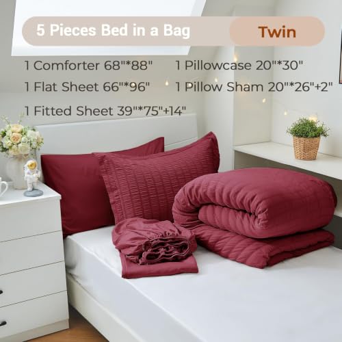 Image of MUXHOMO 5 Pieces Twin Comforter Set, Seersucker Bed in a Bag Twin Size, All Season Luxury Bedding Set with Comforter, Flat Sheet, Fitted Sheet, Pillowcase & Sham, Burgundy