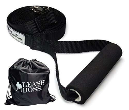 Leashboss Free Range 20 Foot Long Dog Leash for Large Dogs + Drawstring Backpack - 1 Inch Nylon Training Lead with Padded Handle (20 Ft w/Backpack, 1 in, Black)