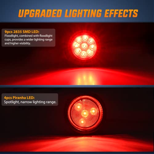 Image of Nilight 2 inch Round Marker Light 2PCS Red 9LED Indicator Clearance Lights | Flush Mount With Plug Grommet Pigtail Hardwired For 12V Truck Trailer Tractor Buses Vans Boat Mechanical Lighting Lamps