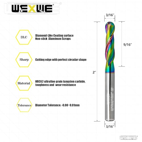 Image of Tools Ball Nose Carbide End Mill, DLC Coating, CNC Cutting Tools for Aluminum and Wood Cutting, 3D Carving & Engraving. 2 Flute Router Bits,3 /16 Shank (3 /16-2 inch 2pcs