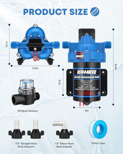 Image of Kohree RV Water Pump 3.5GPM 45 PSI, 12V DC Fresh Water Pump for Camper, Replacement for 4008-101-A65 /E65, Self Priming Diaphragm Pump with Pressure Switch for RV Kitchen Bathroom Marine Yacht Garden