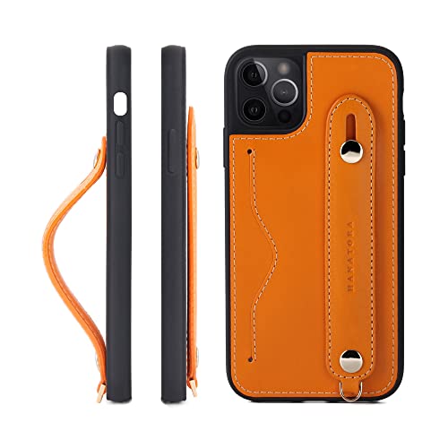 iPhone 14 Pro ケース 本革 グリップケース レザー ストラップ付属 イタリア製牛革 ヌメ革 片手操作 カード収納 スタンド機能 メンズ レディース オレンジ CGH-14Pro-Orange