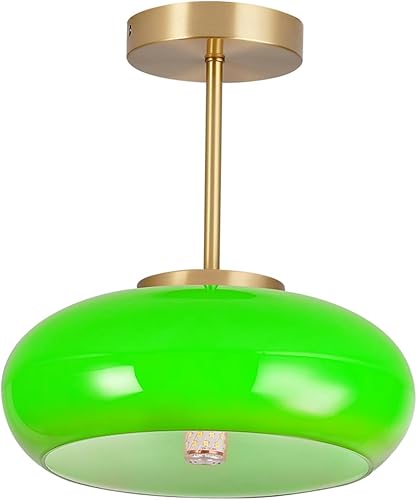 Lámpara de techo de cristal moderna de montaje semiempotrado con pantalla de cristal de cúpula verde de mediados de siglo, 1 luz dorada cerca de la