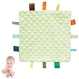 HECCEI Green Baby Security Blanket with Colorful Satin Tags, Infant Appease Blankets Toy, Taggies Blanktes - 10 x 10 inches Square Blanket for 3+ Months Babies Boys/Girls