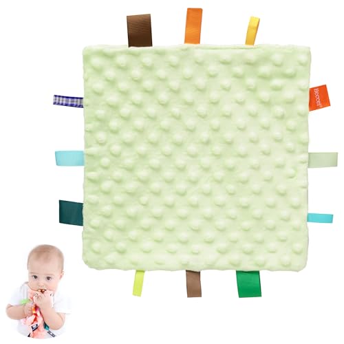 Image of HECCEI Green Baby Security Blanket with Colorful Satin Tags, Infant Appease Blankets Toy, Taggies Blanktes - 10 x 10 inches Square Blanket for 3+ Months Babies Boys /Girls