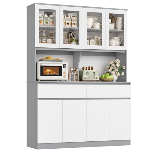 Keyluv 75" x 55" Kitchen Pantry Storage Cabinet with Glass Doors and Drawers, Wide China Cabinet Hutch with Microwave Stand Coffee Bar, Food Pantry with Hutch Shelf for Dining Room, White/Grey