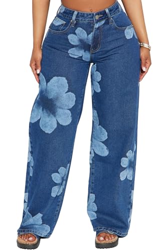 Women's Floral Print Jeans High Waist Wide Leg Vintage Denim Pants Boyfriend Loose Fit Casual Boho Trousers