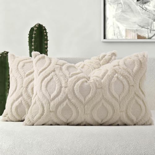 Image of decorUhome Fall Throw Pillow Covers 12x20 Inch Set of 2, Soft Plush Faux Wool Beige Solid Couch Pillow Covers, Accent Farmhouse Neutral Rectangle Pillow Cases for Sofa Bed Living Room