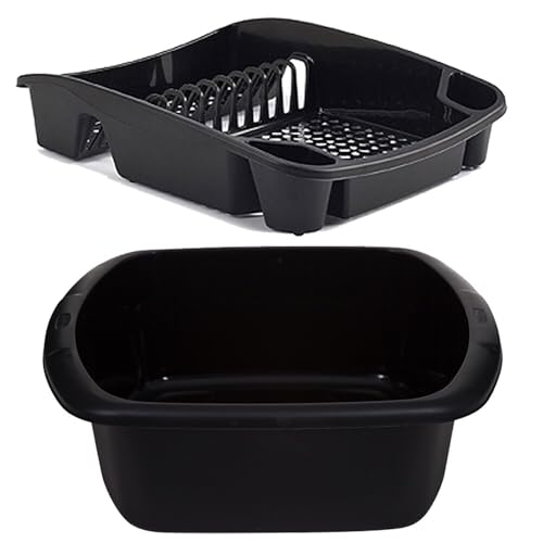 ZARVICZONIA Dish Drainer and Rectangular Washing Up Bowl Set Black Stainless Steel Sink Bowl with Cutlery Holder Kitchen Washing Up Bowls for Sink Square Large Plastic Basin