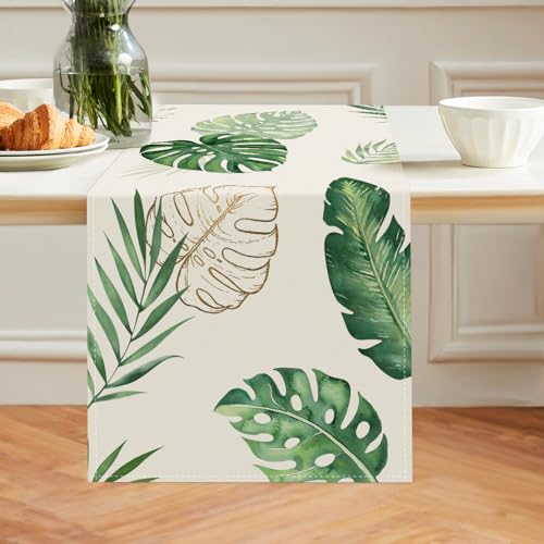 Bonhause Tropical Palm Leaves Monstera Table Runner 13x72 Inch Summer Green Plant Kitchen Dinning...