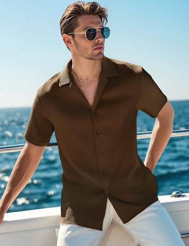 UOUA Men's Casual Button Down Shirts Short Sleeve Summer Textured Tops for Beach Vacation2