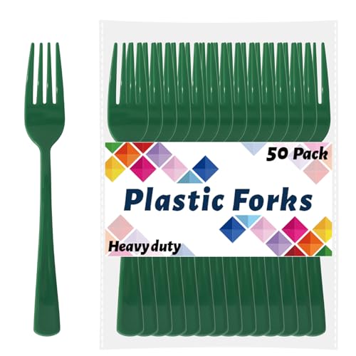 CXPSINC Green Plastic Forks Disposable 50 Count - 7.28 Inch Heavy Duty Disposable Cutlery Utensils Solid for Party Picnic Catering Daily Use & More (Green)