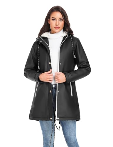 Vancavoo Wintermantel Damen Winterjacke Warm Gefüttert Wasserdicht Atmungsaktiv Regenmantel Übergangsjacke Winter Windbreaker Jacke Mantel Outdoorjacke mit Kapuze,Schwarz,M