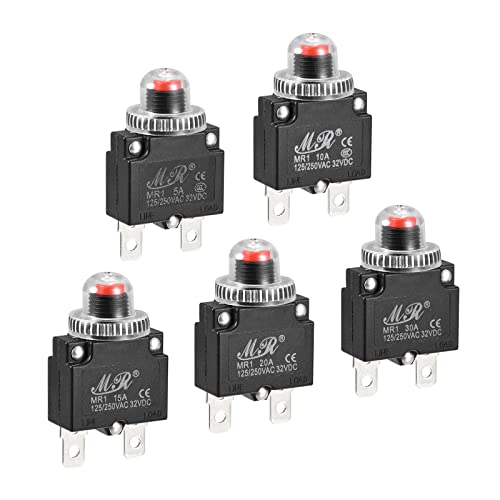 MECCANIXITY Circuit Overload Protector 5A/10A/15A/20A/30A AC125/250V DC32V Push Button Thermal Circuit Breaker for Air Compressor with Waterproof Caps