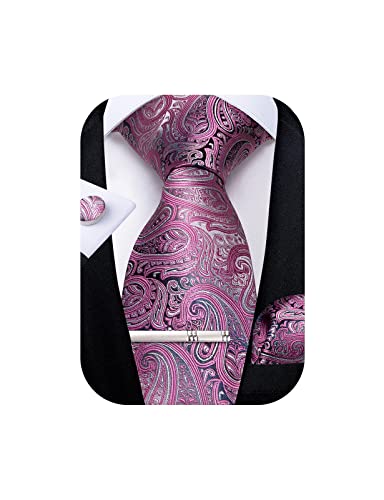 Image of DiBanGu Paisley Ties for Men Silk Necktie and Pocket Square Cufflinks Tie Clip Set Woven Classic Mens Tie for Wedding Party