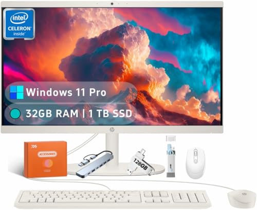 HP All in one Desktop PC with Office Lifetime License, 21.5' FHD Display, 32 GB RAM, 1 TB SSD, Intel Celeron J4025, Webcam, Intel Graphics, Wi-Fi 6, Bluetooth, HDMI, Windows 11 Pro w/RH- Accessories