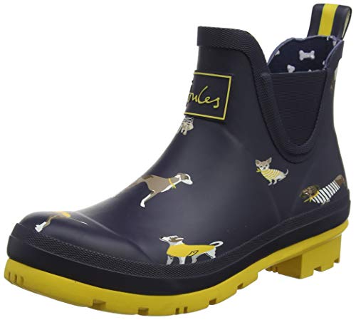 Joules New Women's Wellibob Short Rain Boot Navy Harbour Dogs 7