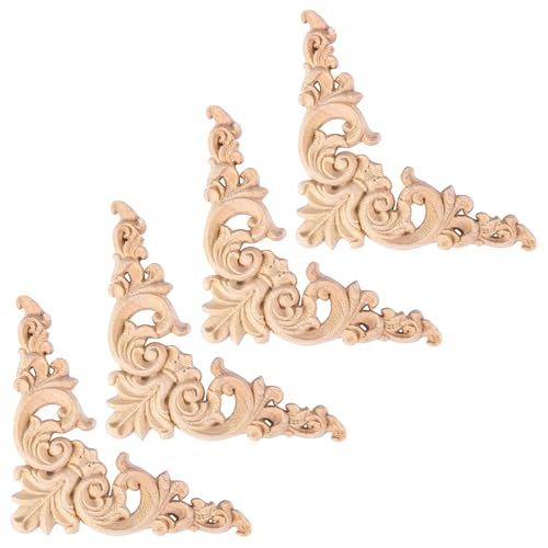 ZONADAH - 4 apliques de esquina tallados en madera de 10 x 10 cm para manualidades, decoración decorativa para puertas, paredes, armarios, ventanas, espejos, muebles, escaleras