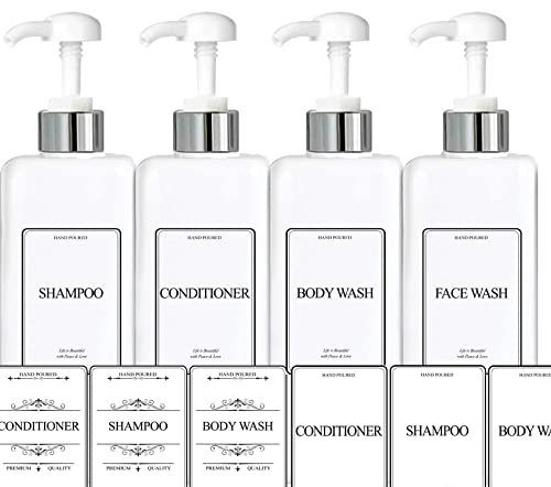 Empty Plastic Square Bottles Pump Shampoo Conditioner Body Wash Face, in Shower Bathroom Dispenser, Waterproof Permanent Labels, 27oz 800ml Set of 4 (White Plastic, Silver White Pump)