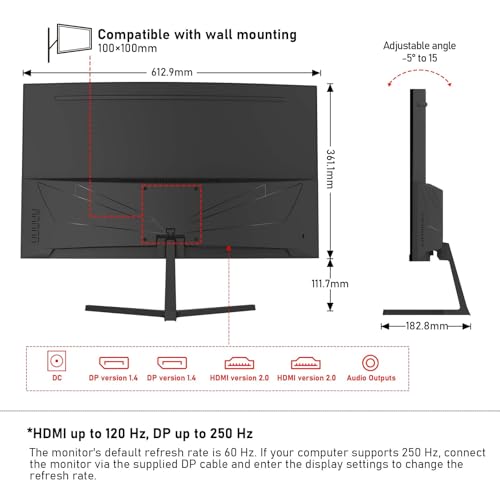 Image of Gawfolk 27 Inch PC Computer Screen,1800R Curved Gaming 250Hz Monitors, FHD 1080p 1ms, Freesync, 98% sRGB,Built-in Speaker, HDMI2.0、DisplayPort, Compatible with Wall-Mounted 100 * 100MM-Black