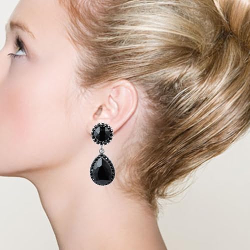 Elegant Crystal Teardrop Dangle Drop Clip on Earrings for Women (Black) - image 2