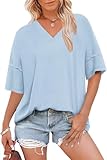 NORACORA Top da donna a costine con scollo a V T-shirt oversize vestibilità ampia a maniche corte estive casual magliette semplici 2025 camicette alla moda, Ciano., XX-Large