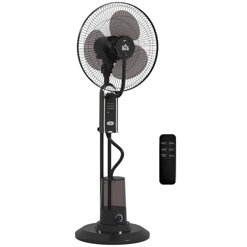 HOMCOM Ventilador Nebulizador Ventilador de Pie con Agua Oscilante 75 W Temporizador Tanque 3,2L Mando a Distancia 3 Velocidades 3 Aspas y Pantalla LED Ø44,5 cm Negro
