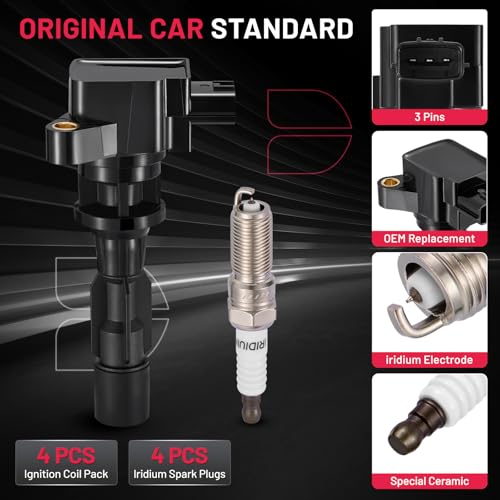 Image of BDFHYK 4 Ignition Coil Pack UF604 and 4 Iridium Spark Plug 5019 Compatible with Mazda 2008-2010 5 2.3L l4, 2012-2015 5 2.5L l4 Coil for 5C1742 9212174 C753 E1104 E333 GN10623