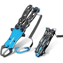 FLISSA Folding Fish Gripper with Lanyard, Lightweight Aluminum Fish Grabber, Portable Fish Lip Gripper Holder for Saltwater and Freshwater Fishing