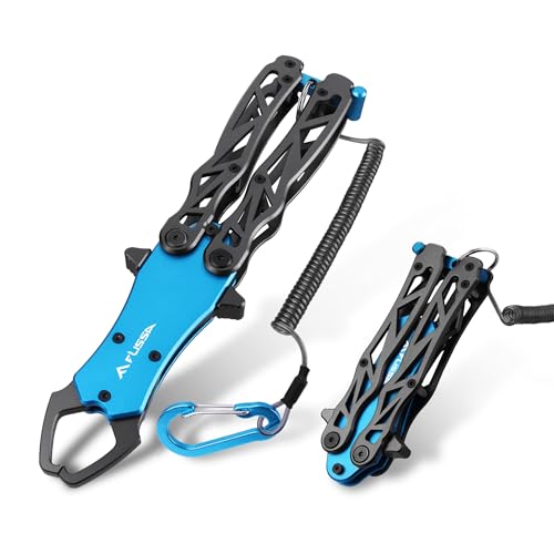FLISSA Folding Fish Gripper with Lanyard, Lightweight Aluminum Fish Grabber, Portable Fish Lip Gripper Holder for Saltwater and Freshwater Fishing