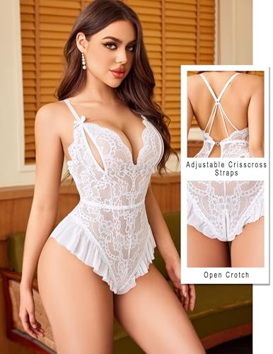 Avidlove Petite Lingerie for Women One Piece Teddy Bodysuit Nightwear White - image 3