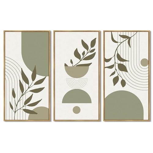 KUVIOKE Boho Light Green Wall Art Framed Botanical Leaf Artwork