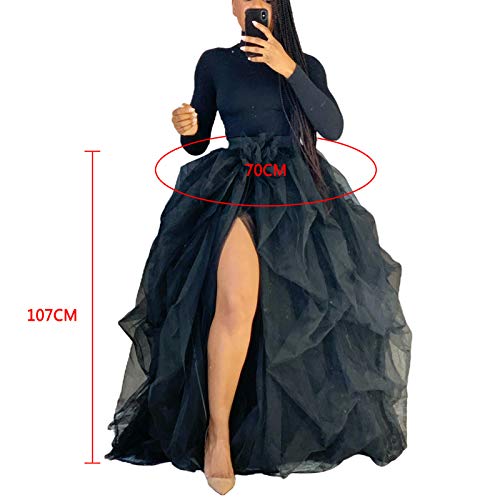 Women's Long Maxi Tulle Special Occasion Skirt Princess Wedding Party Night Out Tutu Skirts Front Split (Floor Length Black,One Size) #TOP1