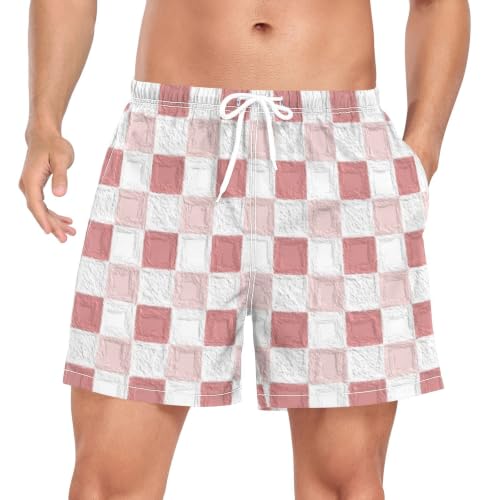 Pantalones cortos de natación para hombre de secado rápido con estampado a cuadros rosa