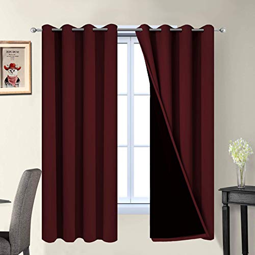 Image of Yakamok 2 Thick Layers Completely Blackout Curtain Panels, Noise Reducing Drapes, Thermal Insulated Curtains with Black Liner for Bedroom(52Wx63L, Burgundy Red, 2 Panels)