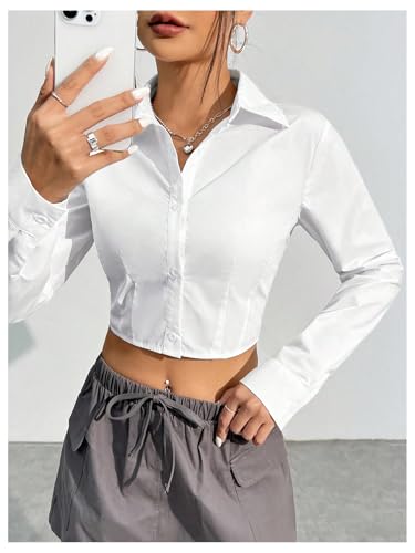 SweatyRocks Women's Solid Crop Button Up Shirt Collared Long Sleeve Fitted Blouses Tops4