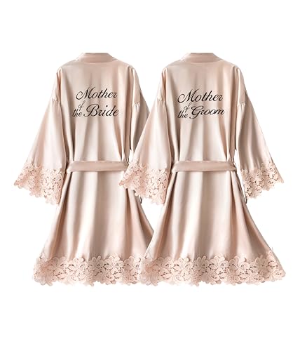 2 Pcs Mother of the Bride Groom Robe with Lace Trim Embroidery Bridal Satin Kimono Robes for Wedding Day