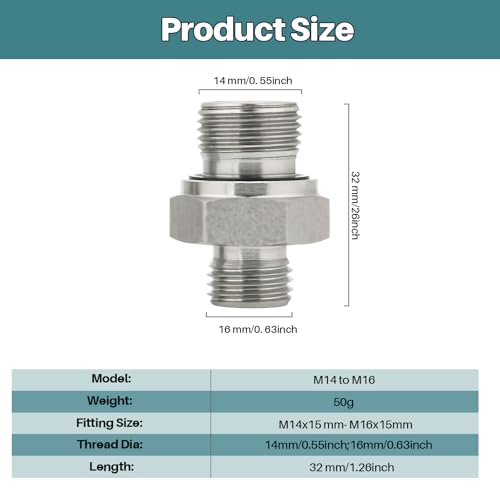 Image of 2Pcs M14 to M16 Hydraulic Fitting Adapters 115757 Replacement, Carbon Steel Threaded Connector for Mini Excavators, Construction Machinery & Hydraulic Attachments (Tilt Buckets /Thumbs)