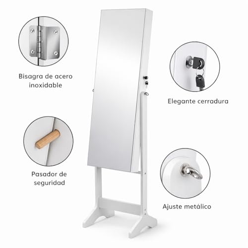 Espejo Joyero de Pie con Cerradura | Espejo de Cuerpo Entero con Armario Organizador | Soporte para Joyas Collares y Anillos | con Cajones y Baldas | 155x41x37cm - imagen 4