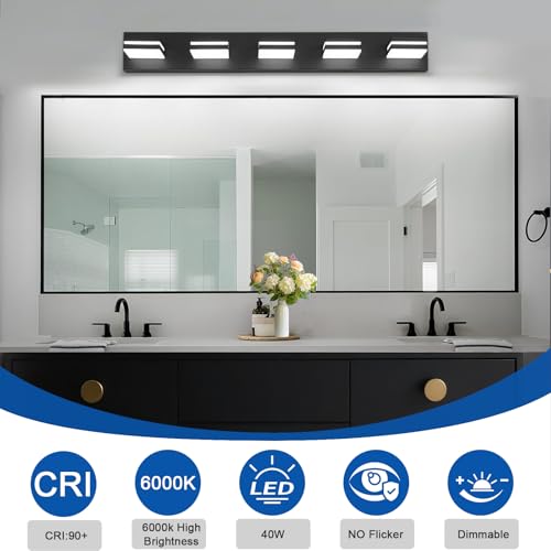 Image of IZORRO LED Modern Bathroom Lights Fixtures(5-Light,Dimmable,360Rotate),Matte Black Acrylic Wall Lighting,Vanity Lights for Bathroom Over Mirror - 6000k 30In (No Assembly Required)